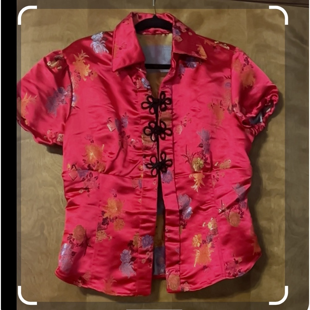 Rare vintage red silky textured handmade Chinese top